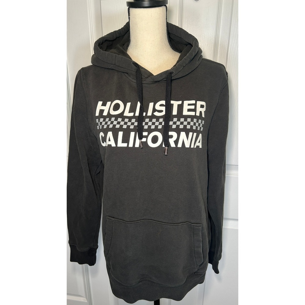 Hollister Hoodie Checkerboard Medium Black Graphic Sleeve Logo Pullover